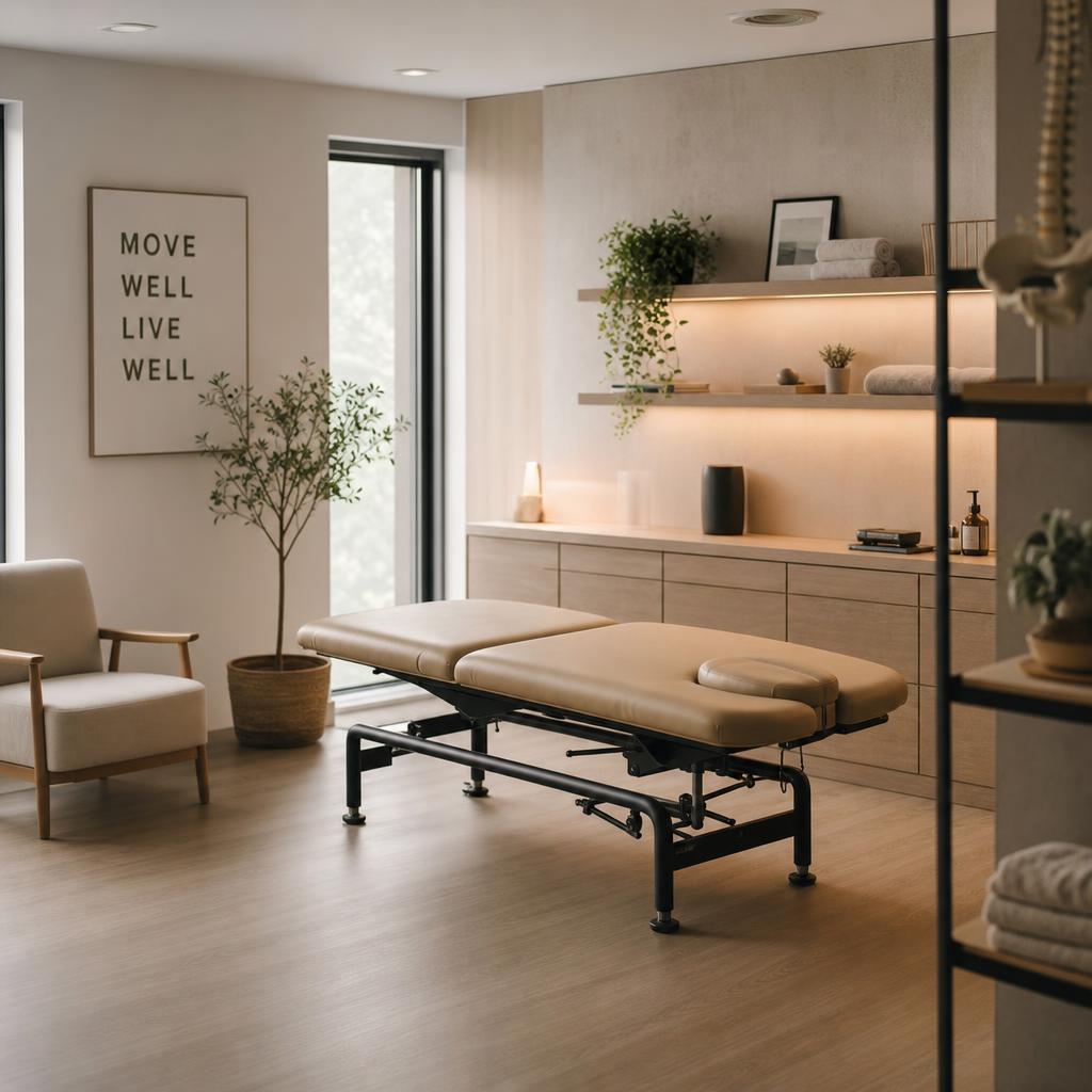 Rikki Malherbe treatment room with a plinth, natural light and clinic equipment